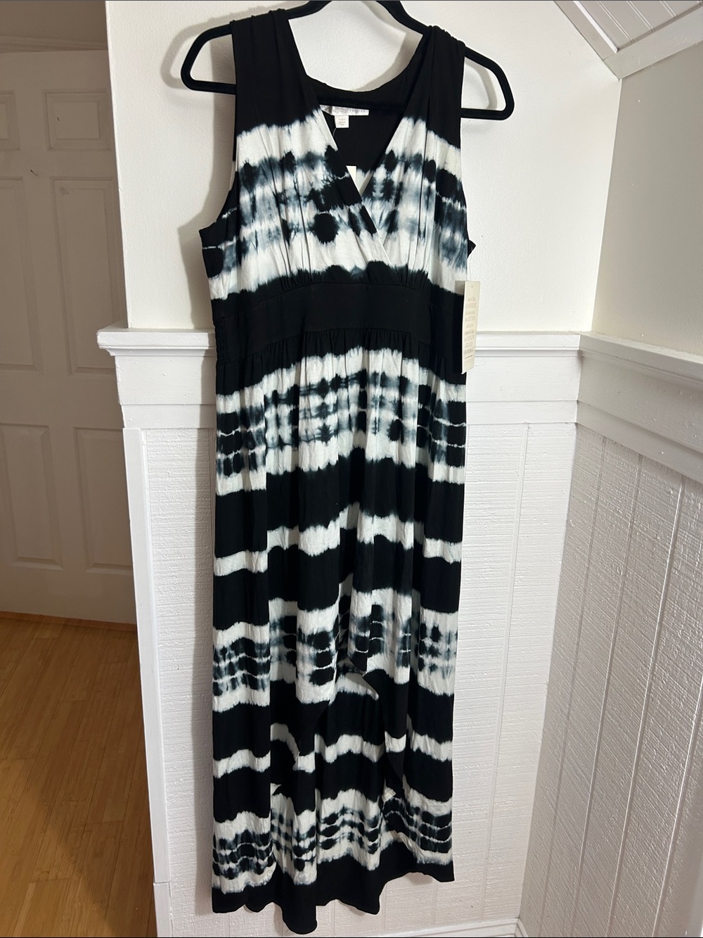 Boston Proper Black & White Tie Dye Hi Lo Maxi Dress size large NWT